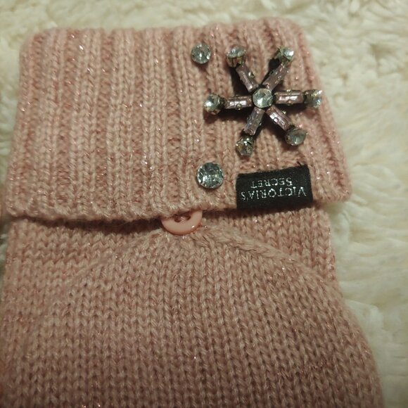 VICTORIA'S SECRET Pink Snowflake Knit Convertible Gloves Mittens Winter Blingy - Picture 3 of 5